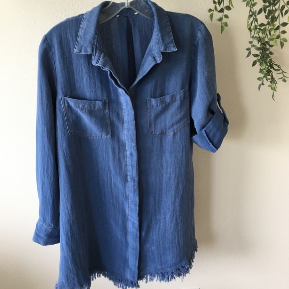 Umgee Tops - Distressed Chambray Tunic Dress Fringe Hem